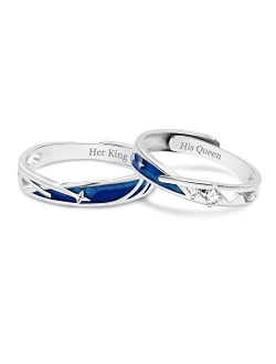 Wedding Rings Set for Him and Her, S925 Sterling Silver Cubic Zirconia Silver Blue Adjustable His and Her Rings