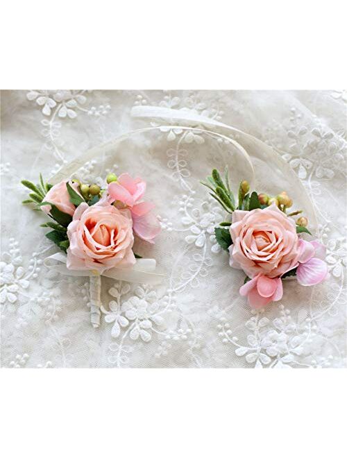 Flonding Rose Wedding Wrist Corsage and Boutonniere Set Party Prom Hand Ribbon Flower Suit Decor (Champagne Pink)