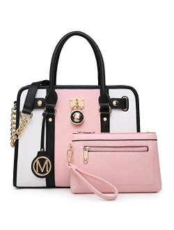 MKP Women Satchel Handbags Purses Two tone Top Handle Tote Shoulder Bags with Matching Wristlet Wallet Set 2pcs