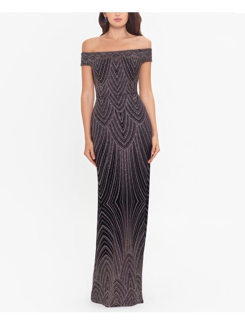 Betsy & Adam Off-The-Shoulder Glitter Gown