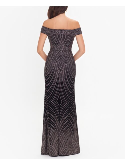 Betsy & Adam Off-The-Shoulder Glitter Gown