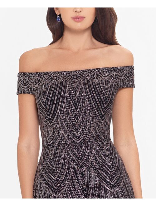 Betsy & Adam Off-The-Shoulder Glitter Gown