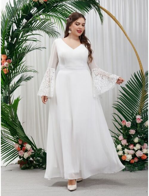 Shein Plus Trumpet Sleeve Contrast Lace Chiffon Wedding Dress