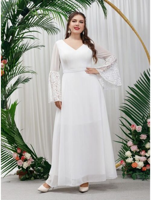 Shein Plus Trumpet Sleeve Contrast Lace Chiffon Wedding Dress