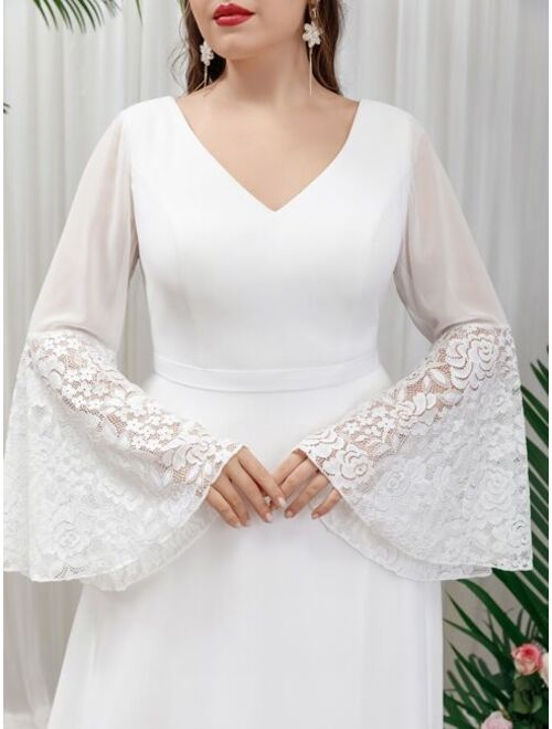 Shein Plus Trumpet Sleeve Contrast Lace Chiffon Wedding Dress