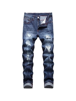 LZLER Mens Ripped Jeans,Distressed Destroyed Slim Fit Straight Leg Denim Pant with Holes