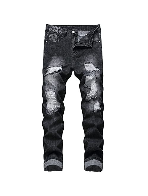 LZLER Mens Ripped Jeans,Distressed Destroyed Slim Fit Straight Leg Denim Pant with Holes