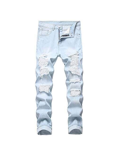 LZLER Mens Ripped Jeans,Distressed Destroyed Slim Fit Straight Leg Denim Pant with Holes