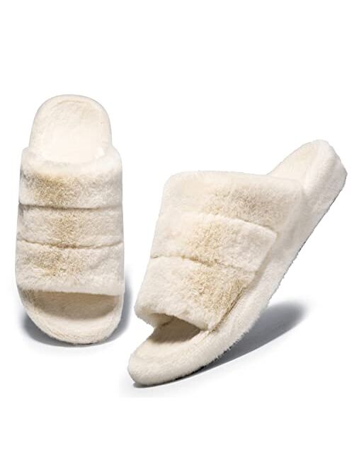 Nlissope Women's Orthopedic Slippers with Arch Support, Soft Plush Fuzzy Cozy Open Toe House Shoes for Plantar Fasciatis Foot & Heel Pain Slip On Slippers Indoor Outdoor