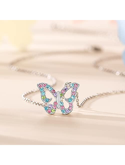 Shonyin Butterfly Necklace for Teen Girls Chain 18"+2", Christmas Birthday Gifts for Young Girl Daughter Cute Pretty Multicolor Crystal Jewelry