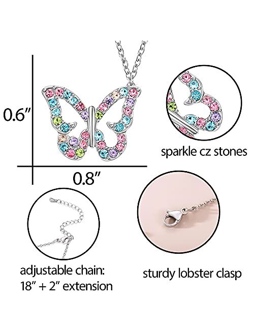 Shonyin Butterfly Necklace for Teen Girls Chain 18"+2", Christmas Birthday Gifts for Young Girl Daughter Cute Pretty Multicolor Crystal Jewelry