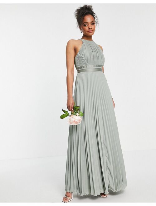 ASOS DESIGN Bridesmaid pleated pinny maxi dress with satin wrap waist