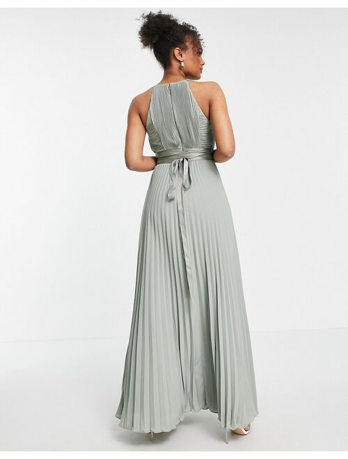 ASOS DESIGN Bridesmaid pleated pinny maxi dress with satin wrap waist