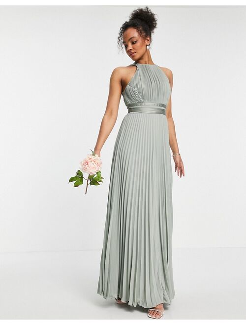 ASOS DESIGN Bridesmaid pleated pinny maxi dress with satin wrap waist