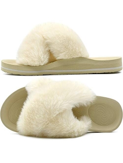 COFACE Womens Fuzzy Slides Fluffy Faux Fur House Slippers Open Toe Slip On Sandals Cozy Soft Yoga Mat Slippers Sandals With Arch Support Indoor Outdoor