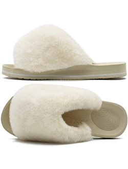 COFACE Womens Fuzzy Slides Fluffy Faux Fur House Slippers Open Toe Slip On Sandals Cozy Soft Yoga Mat Slippers Sandals With Arch Support Indoor Outdoor