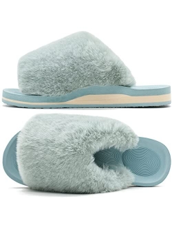 COFACE Womens Fuzzy Slides Fluffy Faux Fur House Slippers Open Toe Slip On Sandals Cozy Soft Yoga Mat Slippers Sandals With Arch Support Indoor Outdoor