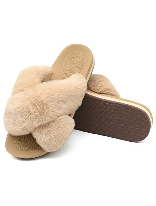 COFACE Womens Fuzzy Slides Fluffy Faux Fur House Slippers Open Toe Slip On Sandals Cozy Soft Yoga Mat Slippers Sandals With Arch Support Indoor Outdoor