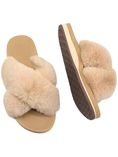 COFACE Womens Fuzzy Slides Fluffy Faux Fur House Slippers Open Toe Slip On Sandals Cozy Soft Yoga Mat Slippers Sandals With Arch Support Indoor Outdoor