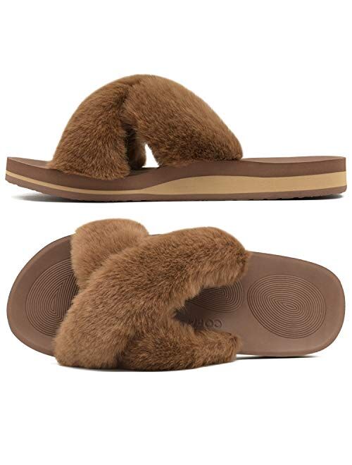 COFACE Womens Fuzzy Slides Fluffy Faux Fur House Slippers Open Toe Slip On Sandals Cozy Soft Yoga Mat Slippers Sandals With Arch Support Indoor Outdoor