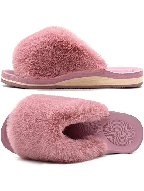 COFACE Womens Fuzzy Slides Fluffy Faux Fur House Slippers Open Toe Slip On Sandals Cozy Soft Yoga Mat Slippers Sandals With Arch Support Indoor Outdoor