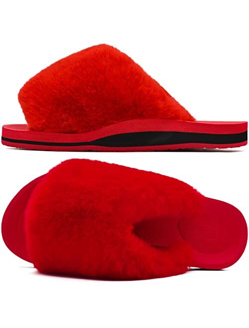 COFACE Womens Fuzzy Slides Fluffy Faux Fur House Slippers Open Toe Slip On Sandals Cozy Soft Yoga Mat Slippers Sandals With Arch Support Indoor Outdoor