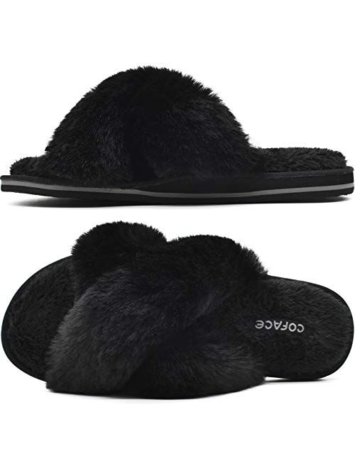 COFACE Womens Fuzzy Slides Fluffy Faux Fur House Slippers Open Toe Slip On Sandals Cozy Soft Yoga Mat Slippers Sandals With Arch Support Indoor Outdoor