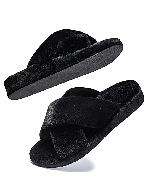 Czfirme Womens Furry Slippers with Arch Support, Plantar Fasciitis Orthopedic House Shoes, Cross Band Slippers Soft Plush Furry Cozy Open Toe Indoor Outdoor Slip On