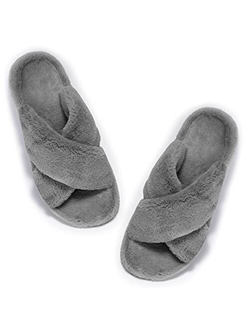 Czfirme Womens Furry Slippers with Arch Support, Plantar Fasciitis Orthopedic House Shoes, Cross Band Slippers Soft Plush Furry Cozy Open Toe Indoor Outdoor Slip On