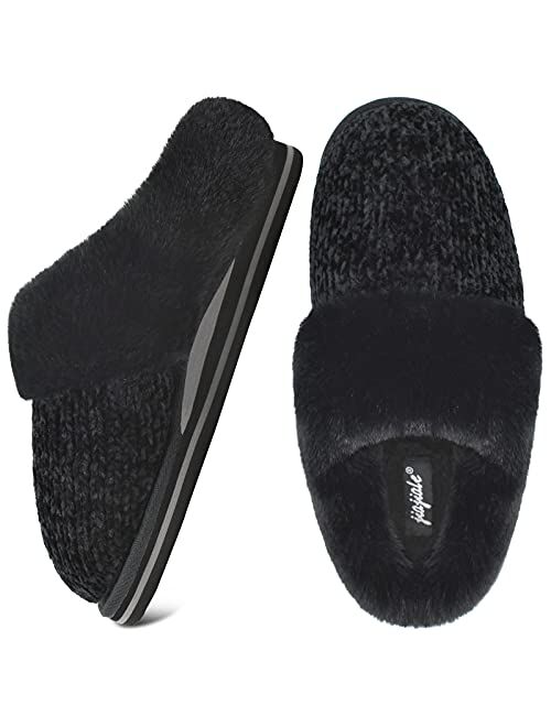 jiajiale Womens Fluffy Double Memory Foam Slippers Ladies Cozy Fuzzy Faux Fur Slip on Warm House Shoes with Arch Support Indoor Outdoor Non Slip Hard Sole