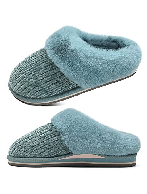 jiajiale Womens Fluffy Double Memory Foam Slippers Ladies Cozy Fuzzy Faux Fur Slip on Warm House Shoes with Arch Support Indoor Outdoor Non Slip Hard Sole