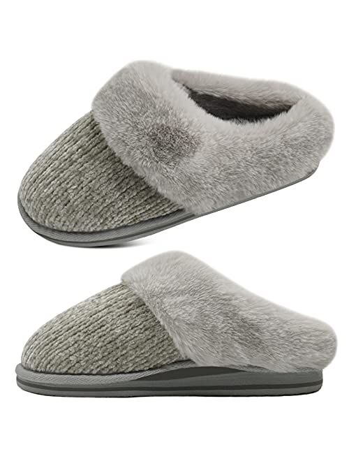 jiajiale Womens Fluffy Double Memory Foam Slippers Ladies Cozy Fuzzy Faux Fur Slip on Warm House Shoes with Arch Support Indoor Outdoor Non Slip Hard Sole