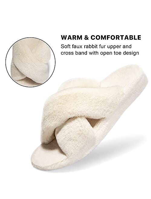 Hodawnll Women's Soft Plush Cross Band Slippers with Arch Support, Orthopedic House Shoes for Fasciitis Slippers, High Arch, Foot and Heel Pain Indoor Outdoor Slippers