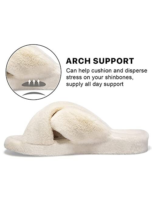 Hodawnll Women's Soft Plush Cross Band Slippers with Arch Support, Orthopedic House Shoes for Fasciitis Slippers, High Arch, Foot and Heel Pain Indoor Outdoor Slippers