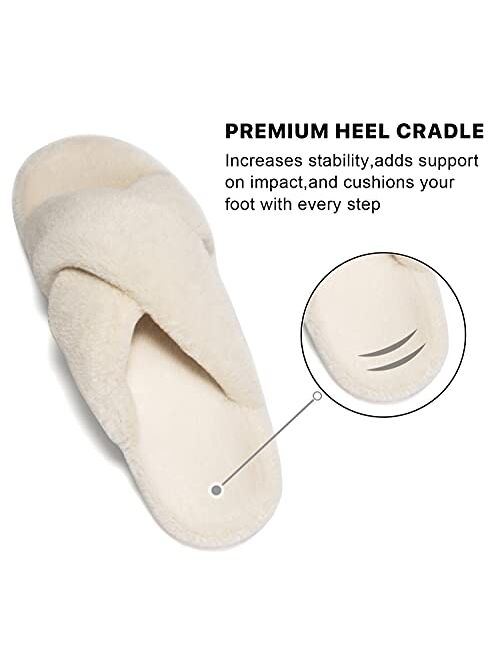 Hodawnll Women's Soft Plush Cross Band Slippers with Arch Support, Orthopedic House Shoes for Fasciitis Slippers, High Arch, Foot and Heel Pain Indoor Outdoor Slippers