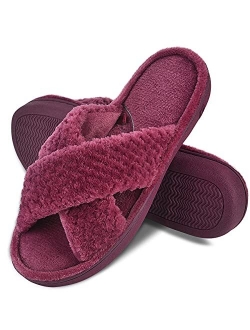 DL Women's Open Toe Cross Band Slippers, Memory Foam Slip on Home Slippers for Women with Indoor Outdoor Arch Support Rubber Sole