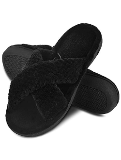 DL Women's Open Toe Cross Band Slippers, Memory Foam Slip on Home Slippers for Women with Indoor Outdoor Arch Support Rubber Sole