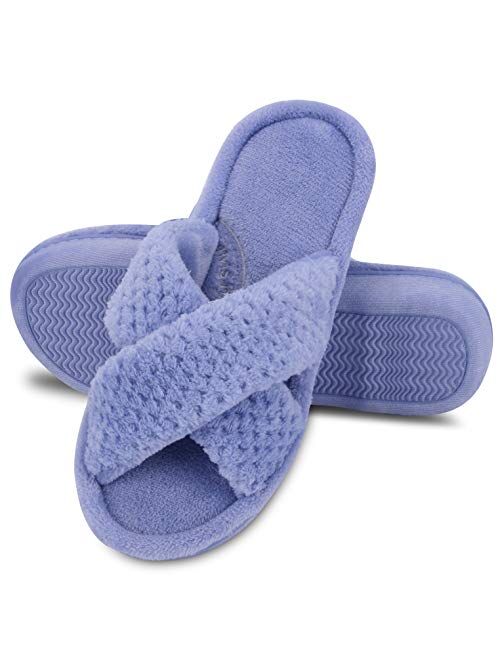 DL Women's Open Toe Cross Band Slippers, Memory Foam Slip on Home Slippers for Women with Indoor Outdoor Arch Support Rubber Sole