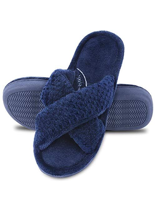 DL Women's Open Toe Cross Band Slippers, Memory Foam Slip on Home Slippers for Women with Indoor Outdoor Arch Support Rubber Sole