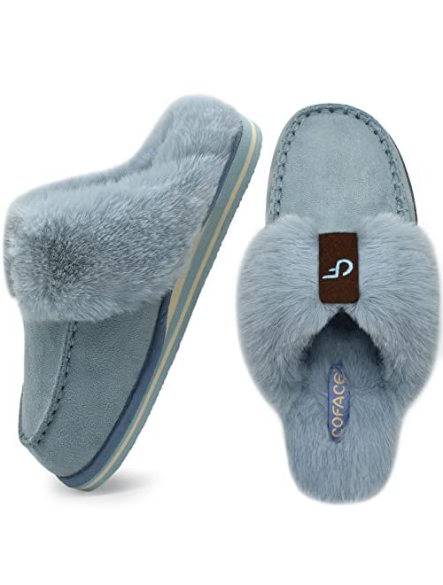 COFACE Womens Fluffy Slippers with Cozy Memory Foam Ladies Fuzzy House Slippers Warm Plush Fur Lined Slip on Arch Support Slippers Indoor Outdoor