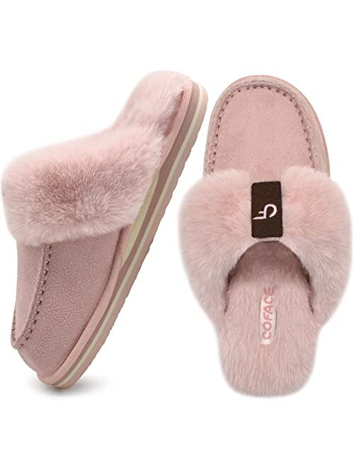 COFACE Womens Fluffy Slippers with Cozy Memory Foam Ladies Fuzzy House Slippers Warm Plush Fur Lined Slip on Arch Support Slippers Indoor Outdoor