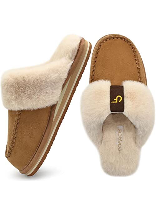 COFACE Womens Fluffy Slippers with Cozy Memory Foam Ladies Fuzzy House Slippers Warm Plush Fur Lined Slip on Arch Support Slippers Indoor Outdoor