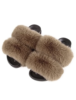 Jinhangrui Women's Furry Fuzzy Faux Fur Slides, Double Belt Fluffy Faux Fur Sandals, Open Toe Arch Support Indoor/Outdoor House Slippers