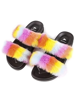 Jinhangrui Women's Furry Fuzzy Faux Fur Slides, Double Belt Fluffy Faux Fur Sandals, Open Toe Arch Support Indoor/Outdoor House Slippers