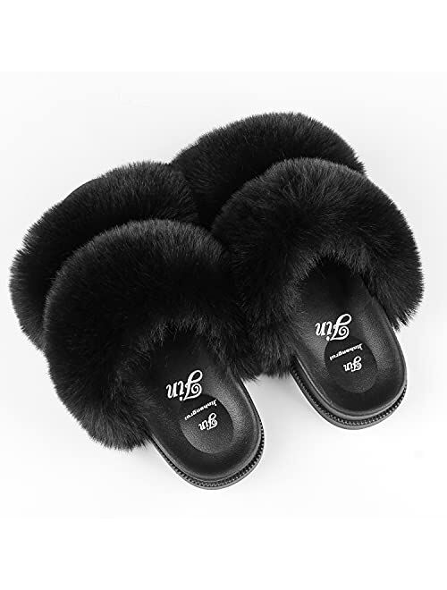 Jinhangrui Women's Furry Fuzzy Faux Fur Slides, Double Belt Fluffy Faux Fur Sandals, Open Toe Arch Support Indoor/Outdoor House Slippers