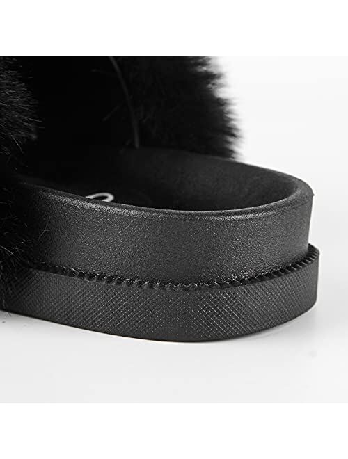 Jinhangrui Women's Furry Fuzzy Faux Fur Slides, Double Belt Fluffy Faux Fur Sandals, Open Toe Arch Support Indoor/Outdoor House Slippers