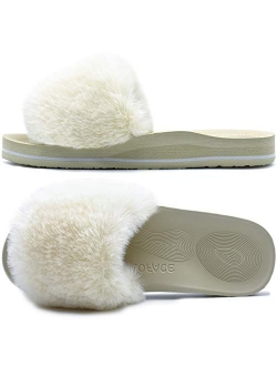 COFACE Womens Sliders Plush House Slippers Flat Sandals for Women Memory Foam Fuzzy Open Toe Slippers with Arch Support Anti Skid Ladies Slip On Fur Slide Slippers House 