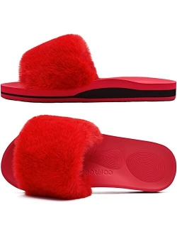 COFACE Womens Sliders Plush House Slippers Flat Sandals for Women Memory Foam Fuzzy Open Toe Slippers with Arch Support Anti Skid Ladies Slip On Fur Slide Slippers House 