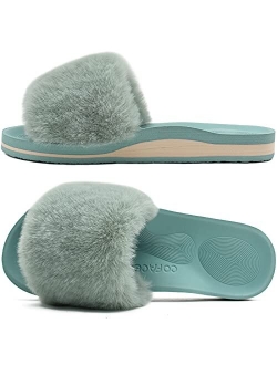 COFACE Womens Sliders Plush House Slippers Flat Sandals for Women Memory Foam Fuzzy Open Toe Slippers with Arch Support Anti Skid Ladies Slip On Fur Slide Slippers House 