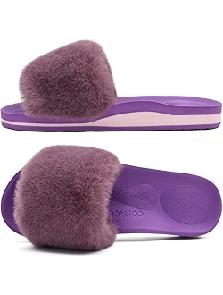 COFACE Womens Sliders Plush House Slippers Flat Sandals for Women Memory Foam Fuzzy Open Toe Slippers with Arch Support Anti Skid Ladies Slip On Fur Slide Slippers House 